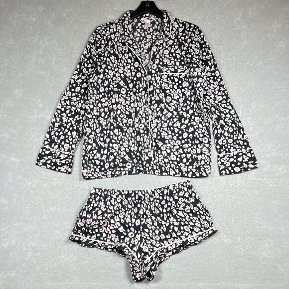 Victoria's Secret Pajamas Womens Medium Black Pink Leopard Shirt Shorts PJ Set - Picture 1 of 12